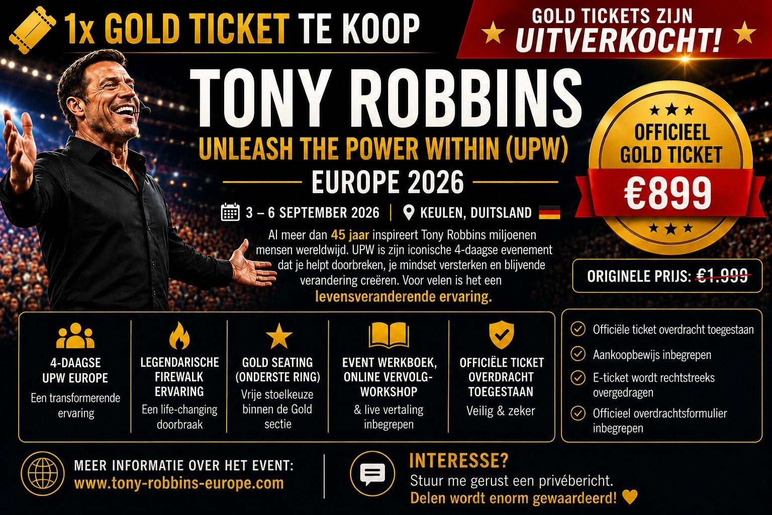 Tony Robbins UPW Keulen DE 3-6 sept 2026 – 1x Gold Ticket, Eén persoon, Meerdaags