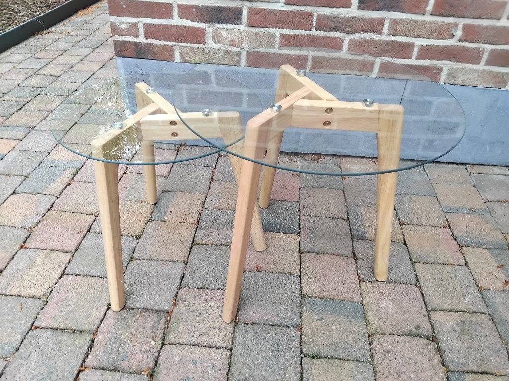 bijzettafel salontafelset rond glas en eikenhout nieuw, Ophalen, Zo goed als nieuw, Rond, Glas
