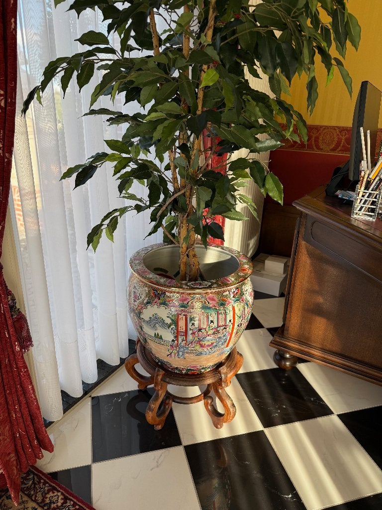 Mooie Chinese bloempot / cache pot met kunst plant, Ophalen, 40 cm of meer, Rond, Binnen