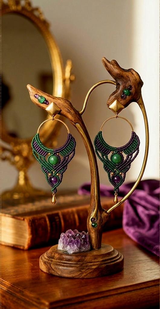 Handgemaakte Macrame Oorbellen - Amethist & Premium Smaragd, Enlèvement ou Envoi, Violet