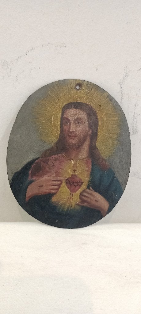 Tableau ancien huile cuivre Sacré-Cœur de Jésus,11x9,n680, Portrait ou Personnes, Enlèvement ou Envoi, Peinture à l'huile, Métal