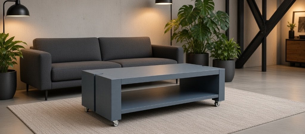 Antraciete robuuste salontafel met wieltjes, 100 tot 150 cm, Eikenhout, Zo goed als nieuw, Modern