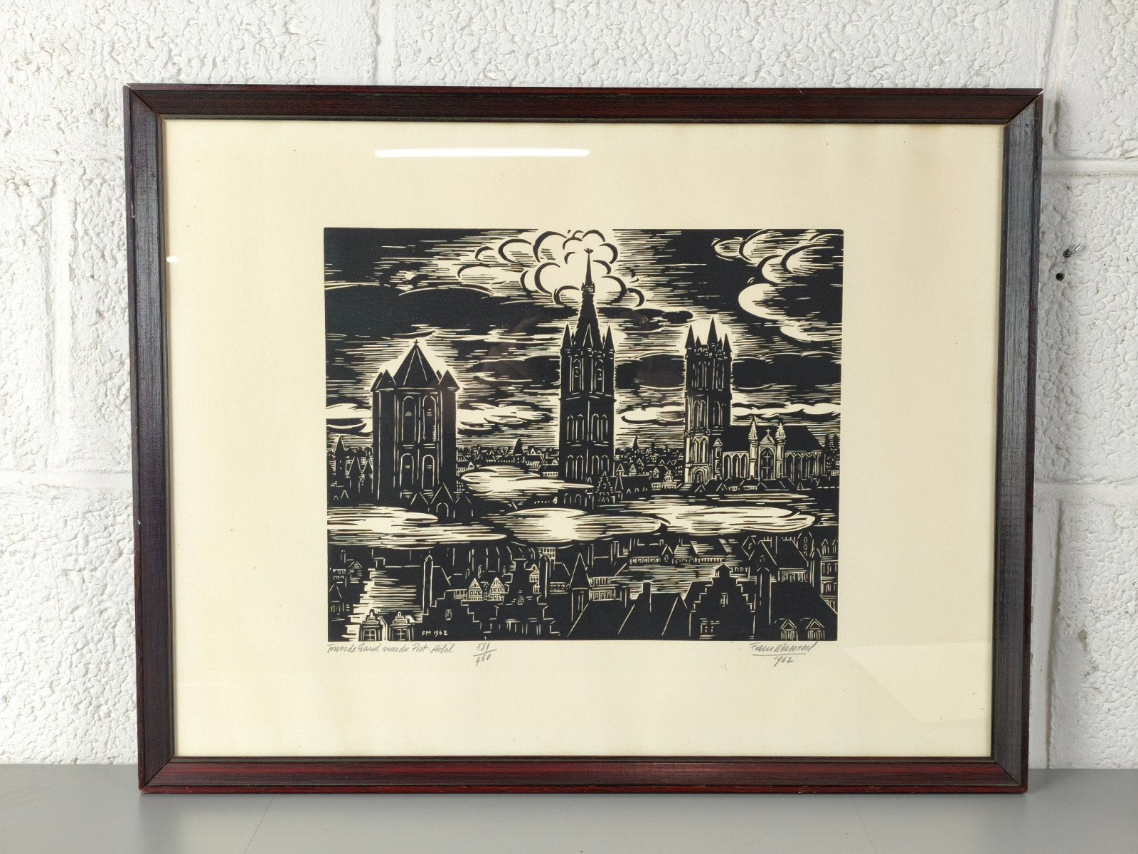 Frans Masereel houtsnede: Torens van Gent, Enlèvement ou Envoi, Gravure sur bois, Numéroté