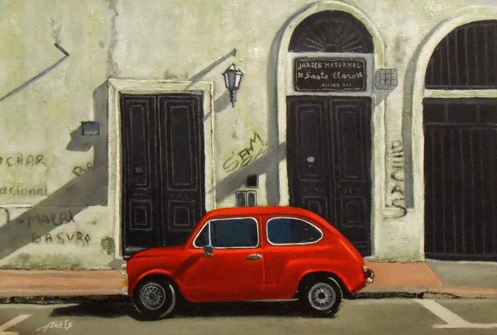 Peinture « rouge », Antiquités & Art, Art | Peinture | Moderne, Textile, Peinture à l'huile, Véhicules, Envoi