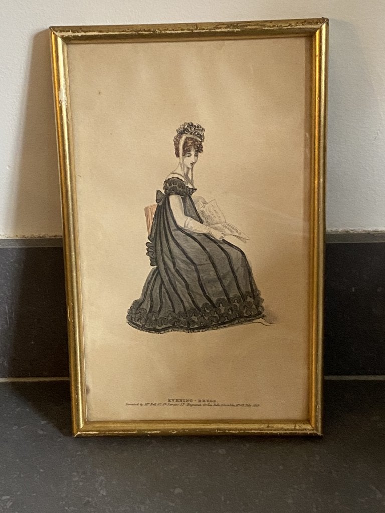 gravure de mode de 1819  Robe de soirée colorée Anglais, Mode, Coloré à la main, Gravure, 24 cm
