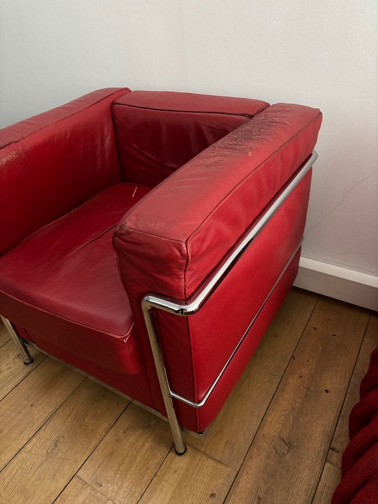 Vintage Cassina LC2 fauteuil Le Corbusier replica  rood leer, Huis en Inrichting, Ophalen, Gebruikt, 75 tot 100 cm, 75 tot 100 cm