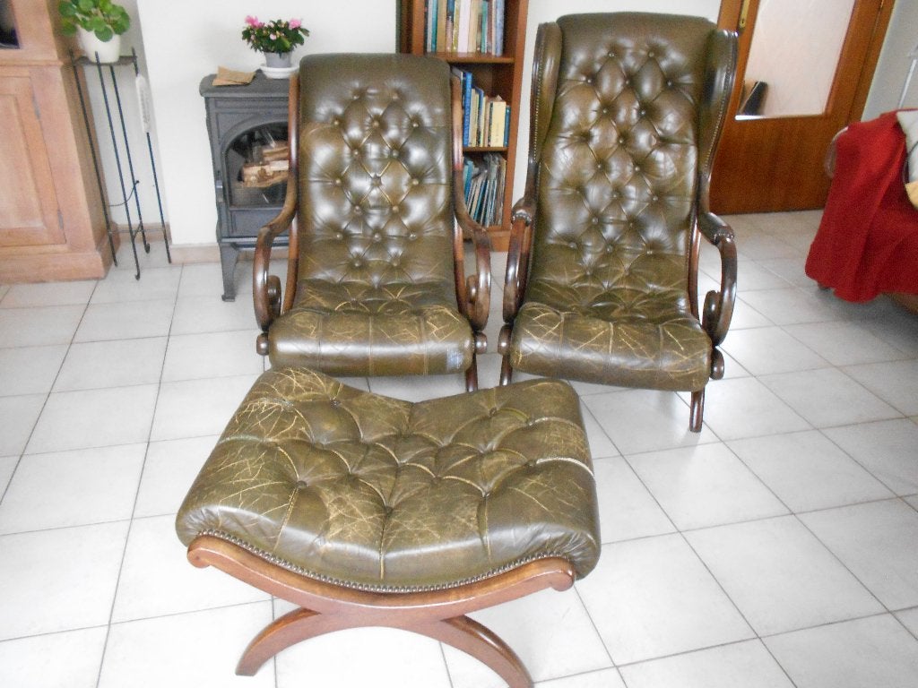 Chesterfield fauteuils + Poef, Ophalen, Engelsestijl, Gebruikt, Minder dan 75 cm