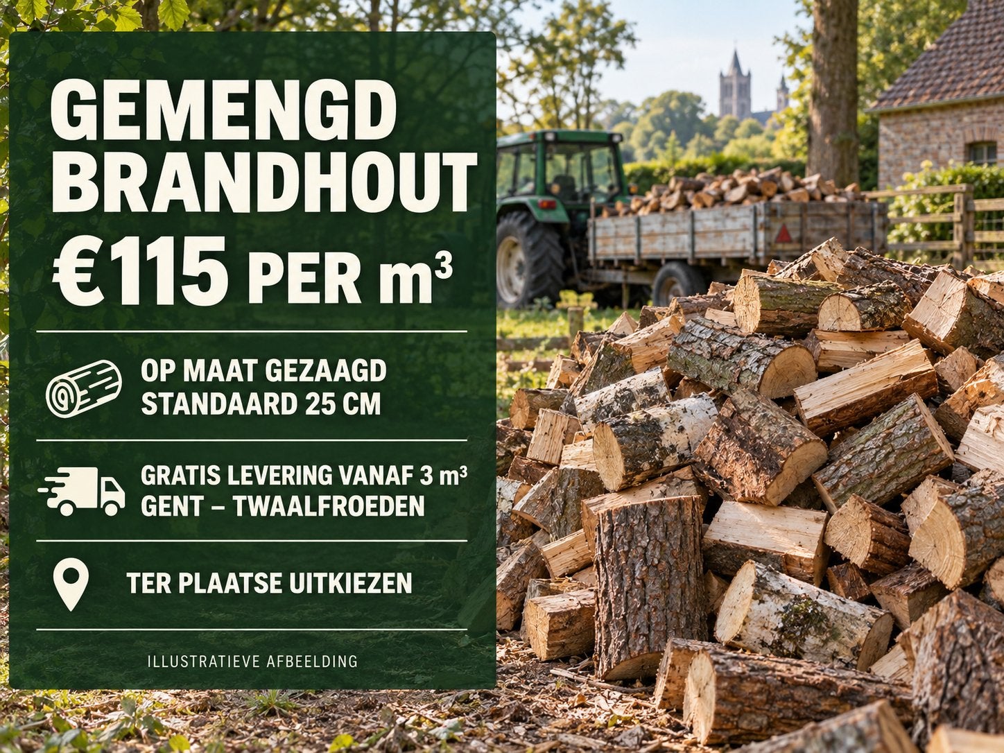 Gemengd brandhout op maat gezaagd – €115 per m³, Tuin en Terras, Minder dan 3 m³, Ophalen of Verzenden