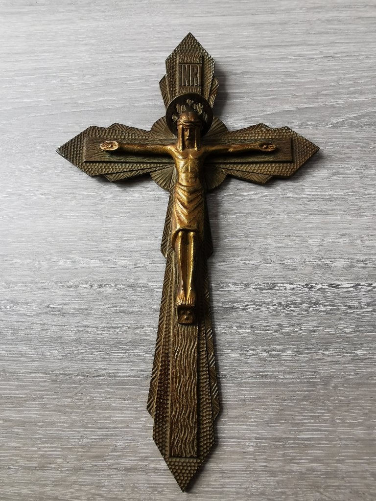 Vintage Kruisbeeld messing / Croix Crucifix Murale Laiton, Antiek en Kunst, Verzenden