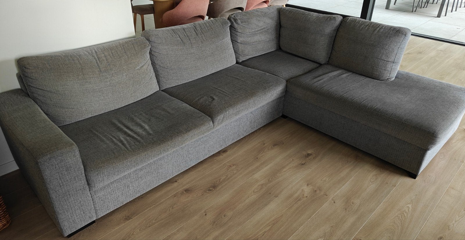 Zetel met longchair in grijze stof, Huis en Inrichting, Ophalen, Gebruikt, Stof
