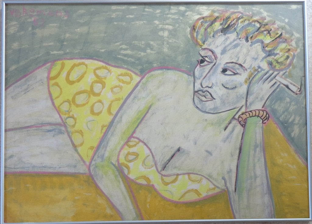 BRUNO VEKEMANS / LIGGENDE VROUW / ORIGINEEL / 67x91cm KADER, Antiek en Kunst, Ophalen, Achter glas, Figuren, Glas