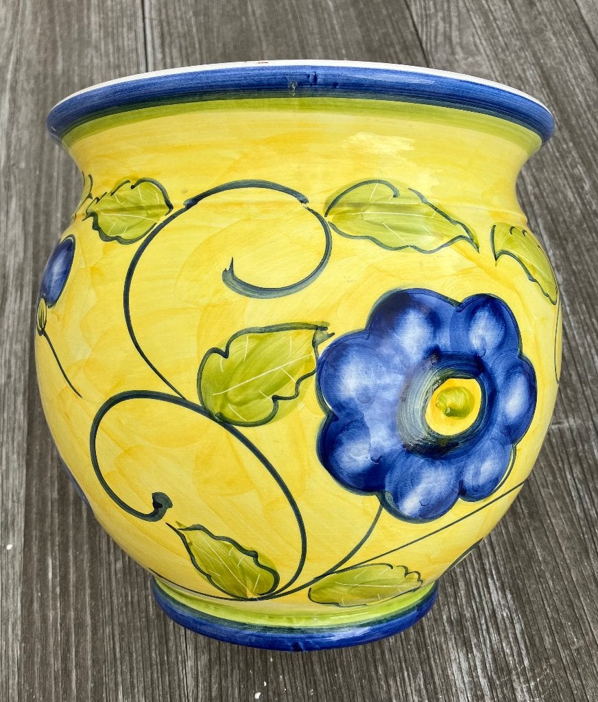 Cache pot en céramique Vintage Art Deco jaune et bleu, Enlèvement