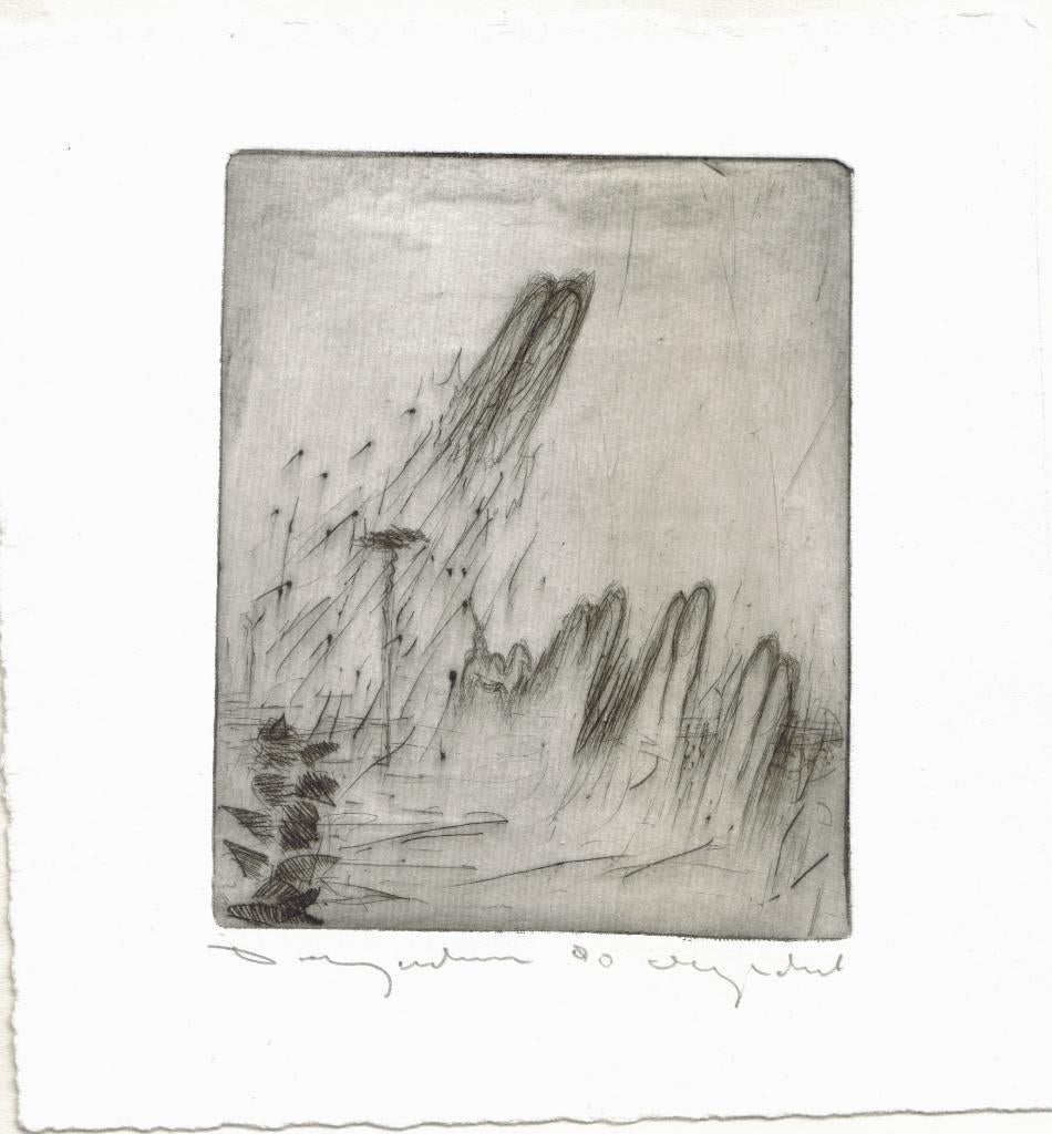 Desjardijn ets "Landschap met Lantaarnpaal",1980, gesigneerd, Antiek en Kunst, Ophalen
