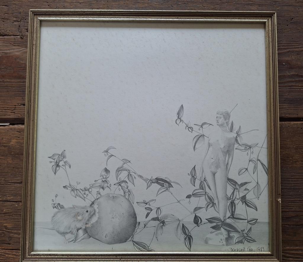Emmy Backaert 1983 surrealistisch potloodtekening, Antiek en Kunst, Kunst | Tekeningen en Fotografie, Ophalen of Verzenden