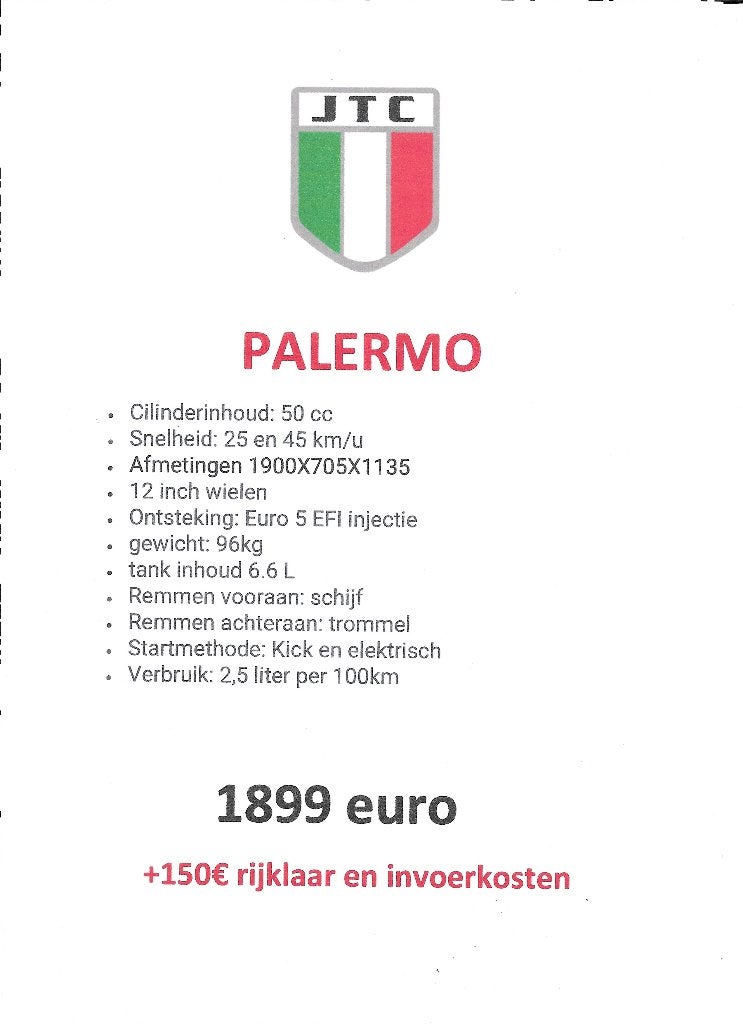 jtc palermo scooter 50cc of 125cc in klasse A of B € 1899€, Neuf, Jtc, Enlèvement, Essence