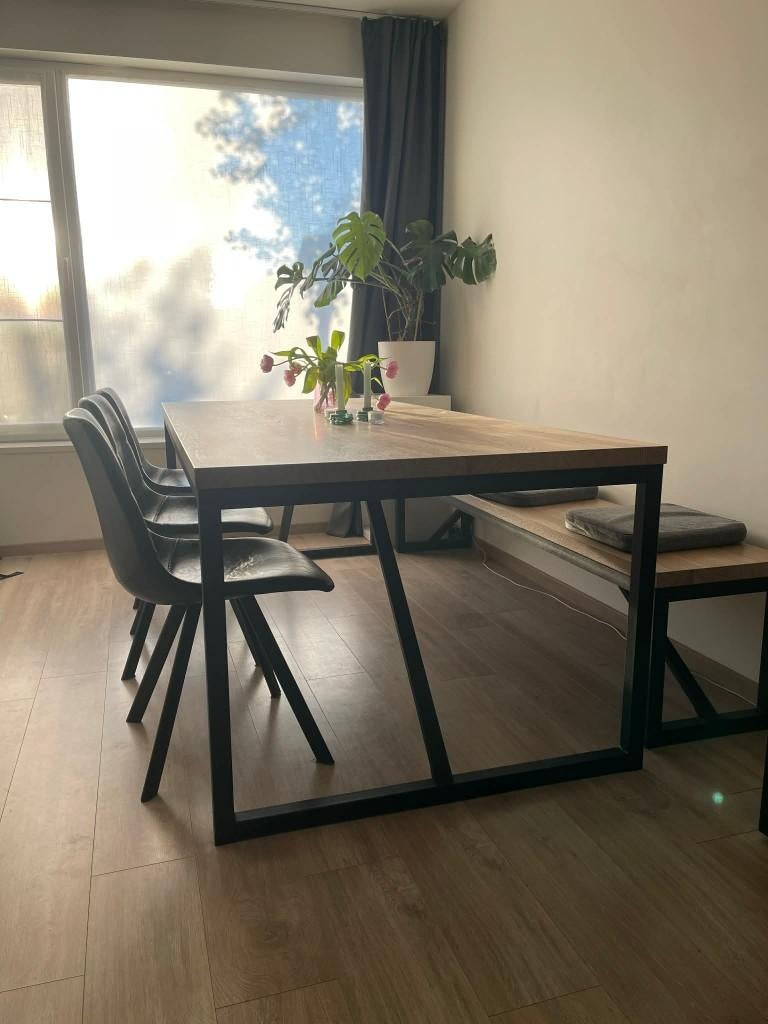 Eik eettafel + stoelen + bankje, Huis en Inrichting, Gebruikt, 100 tot 150 cm, Eikenhout, 200 cm of meer