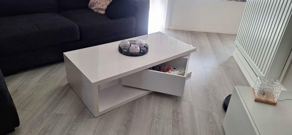Table basse blanche laquée avec rangement pivotant, Maison & Meubles, Tables | Tables de salon, 100 à 150 cm, Enlèvement, Utilisé
