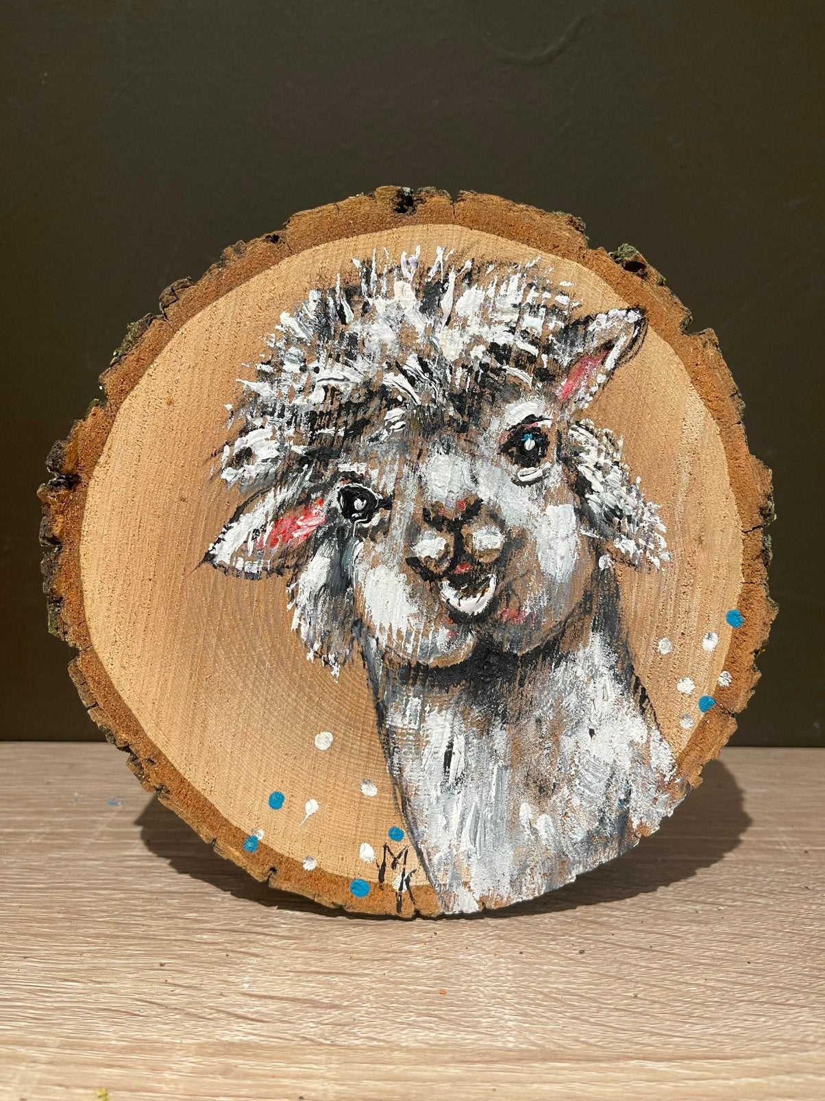 Schilderij Alpaca op boomschijf door Mk Art, Antiek en Kunst, Hout, Ophalen of Verzenden, Dieren, Acrylverf