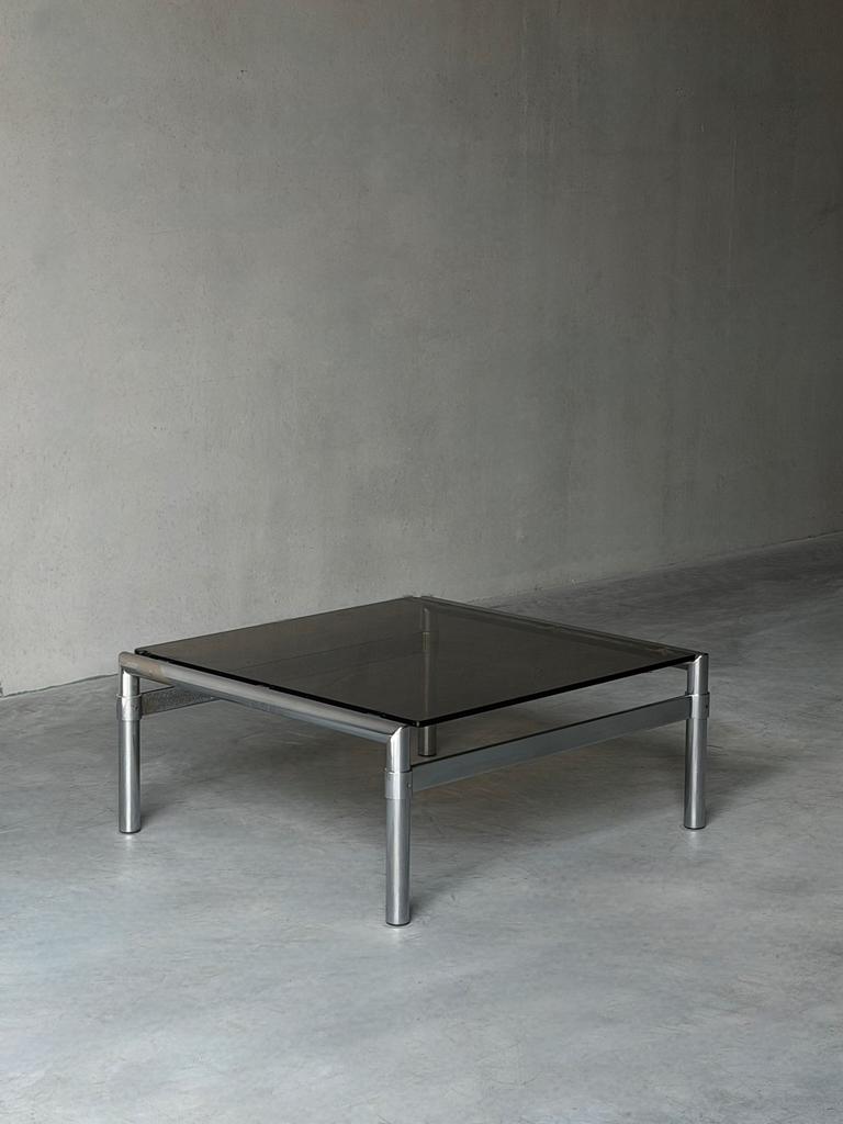 Vintage design salontafel jaren 80 – glas & chroom, Ophalen, Zo goed als nieuw, Vierkant, Glas