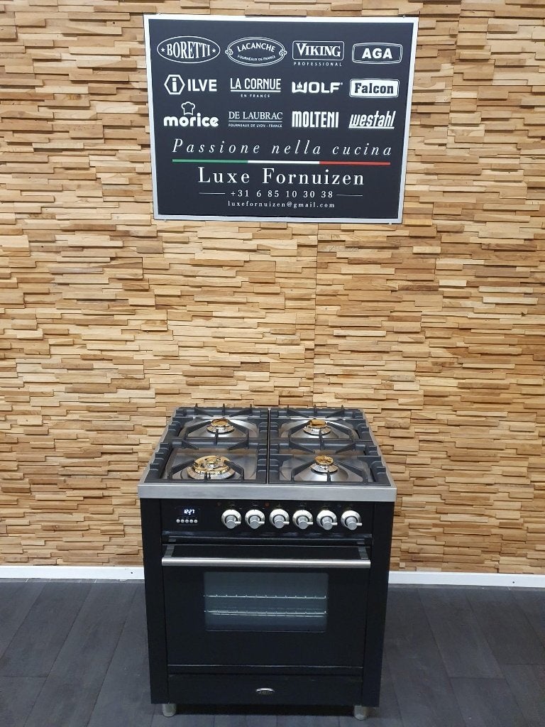 Boretti Gasfornuis 70cm hoogglans zwart rvs 300 graden oven, 60 cm of meer, Zo goed als nieuw, Energieklasse A of zuiniger, Gas