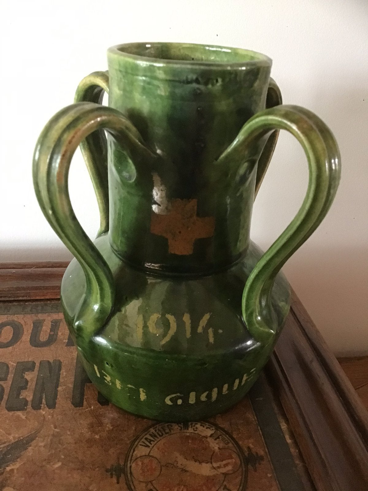 Antiek groene keramieken kruik 1914, Antiek en Kunst, Ophalen of Verzenden