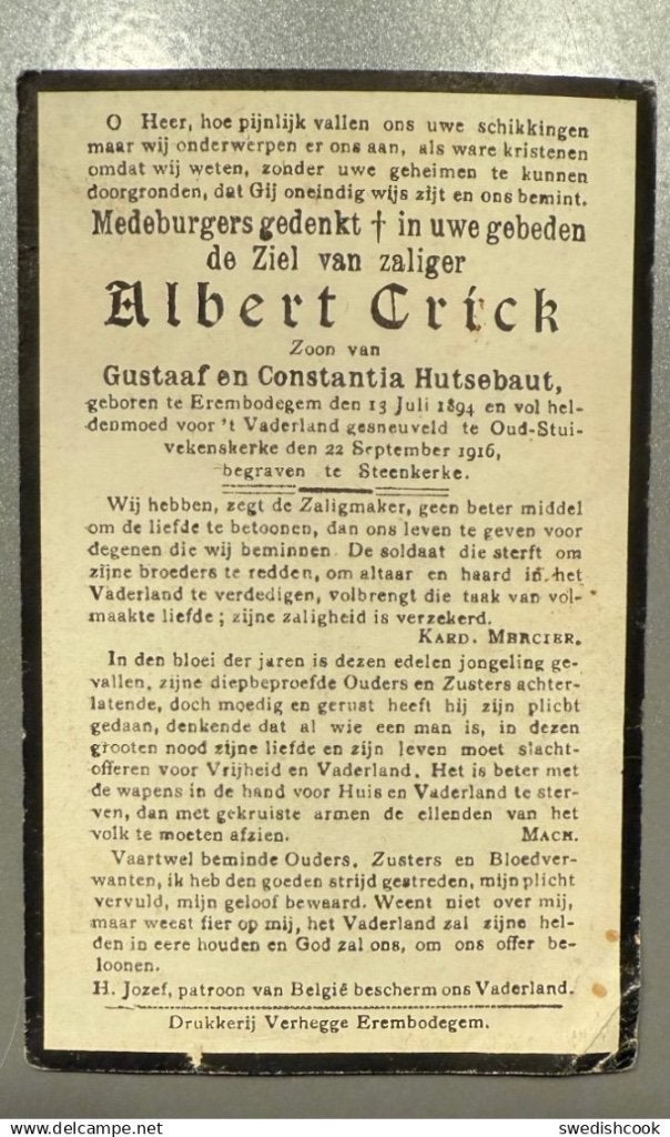 oorlogsslachtoffer Erembodegem - Aalst - Albert Crick 1916, Collections, Objets militaires | Général, Enlèvement ou Envoi
