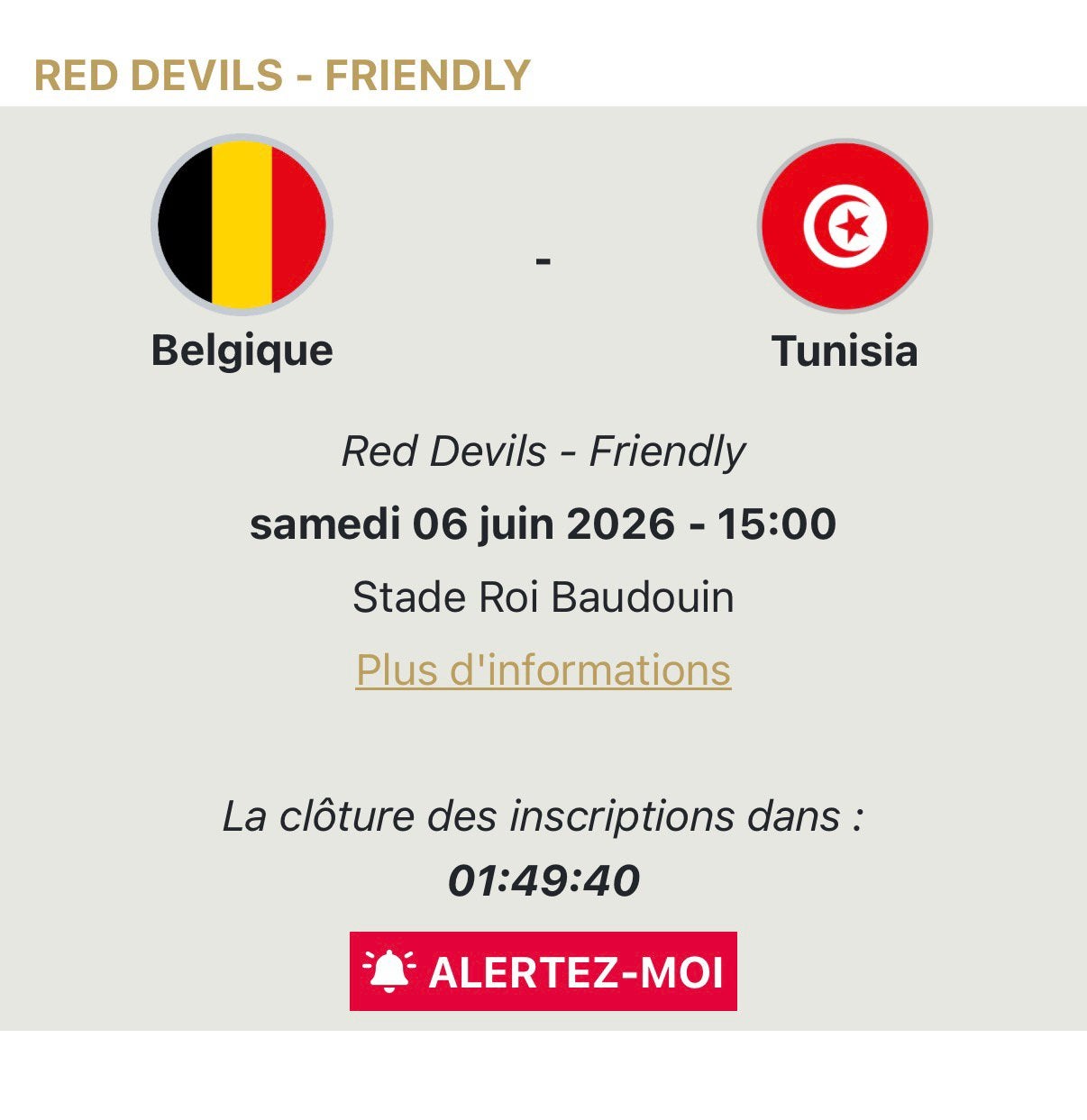Je cherche 2 places pour Belgique Tunisie le 06/06/2026