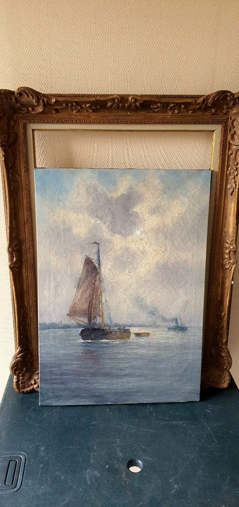 Vue sur port marin et bateau, huile sur toile Romain Steppe, Antiquités & Art, Peinture à l'huile, Signé, Enlèvement, Toile