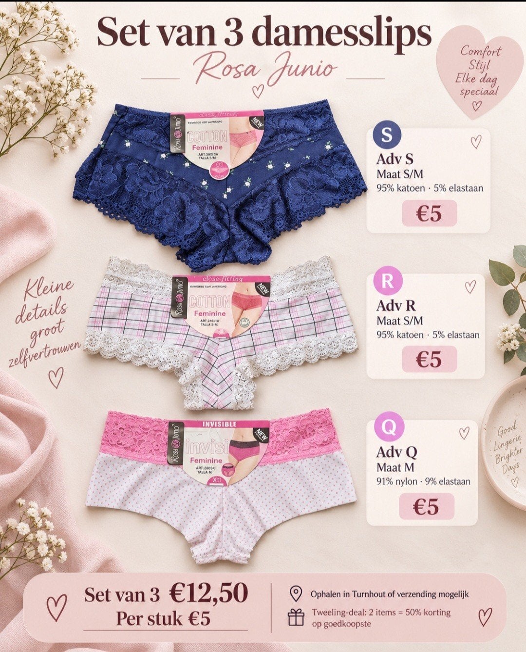 Rosa Junio 3x nieuwe boxershorts met kant Maat S/M, Rosa Junio, Ophalen of Verzenden, Meerkleurig, Broekje of Short