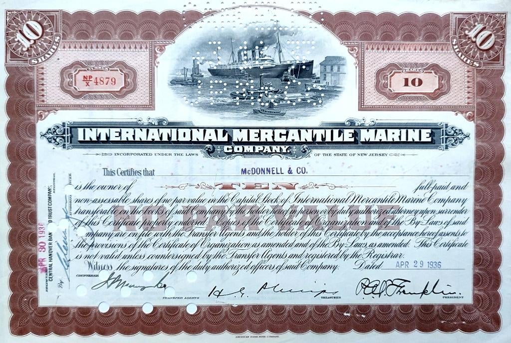International (TITANIC) Mercantile Marine Company 1936, Postzegels en Munten, Ophalen of Verzenden, 1920 tot 1950, Certificaat van aandeel