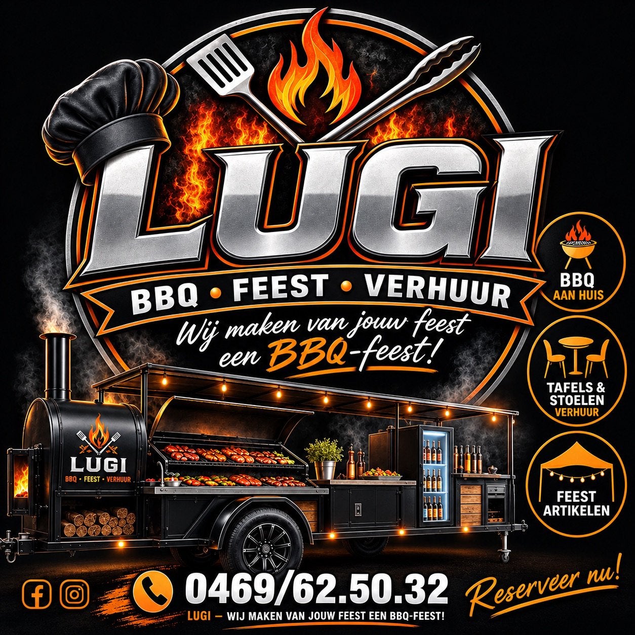 Bbq on wheels bij u thuis , verhuur van feestamaterialen