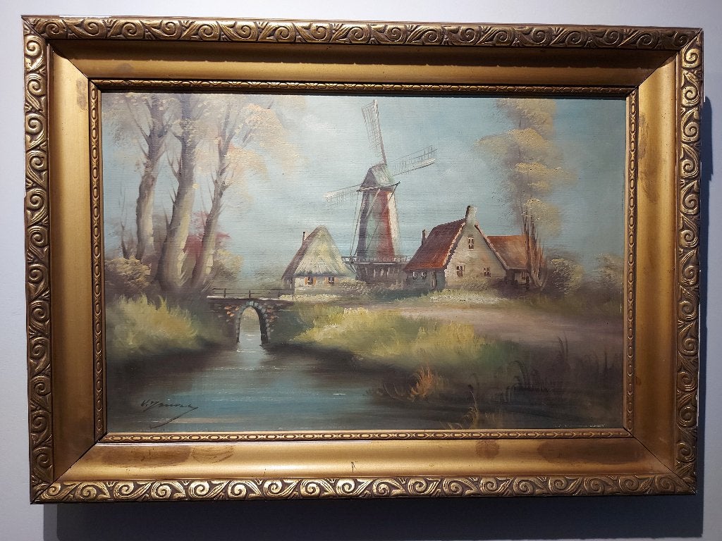 SCHILDERIJ MET BEEK / MOLEN / WONING, Antiek en Kunst, Kunst | Schilderijen | Klassiek, Ophalen, Klassiek, Landschap, Doek