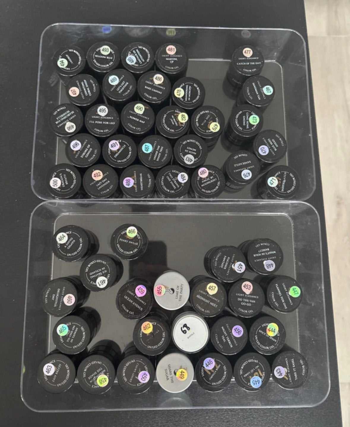 +50 light élégance color gel potjes, Ophalen of Verzenden, Gebruikt, Hand- en Voetverzorging