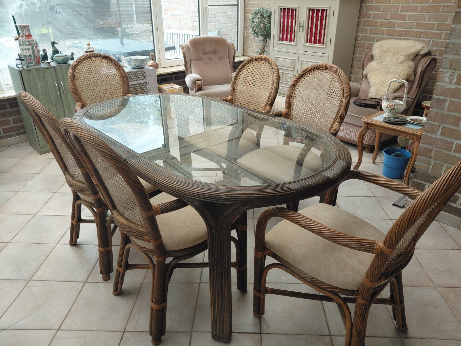 mooie rotan set: tafel + 6 stoelen + zetel, Ophalen