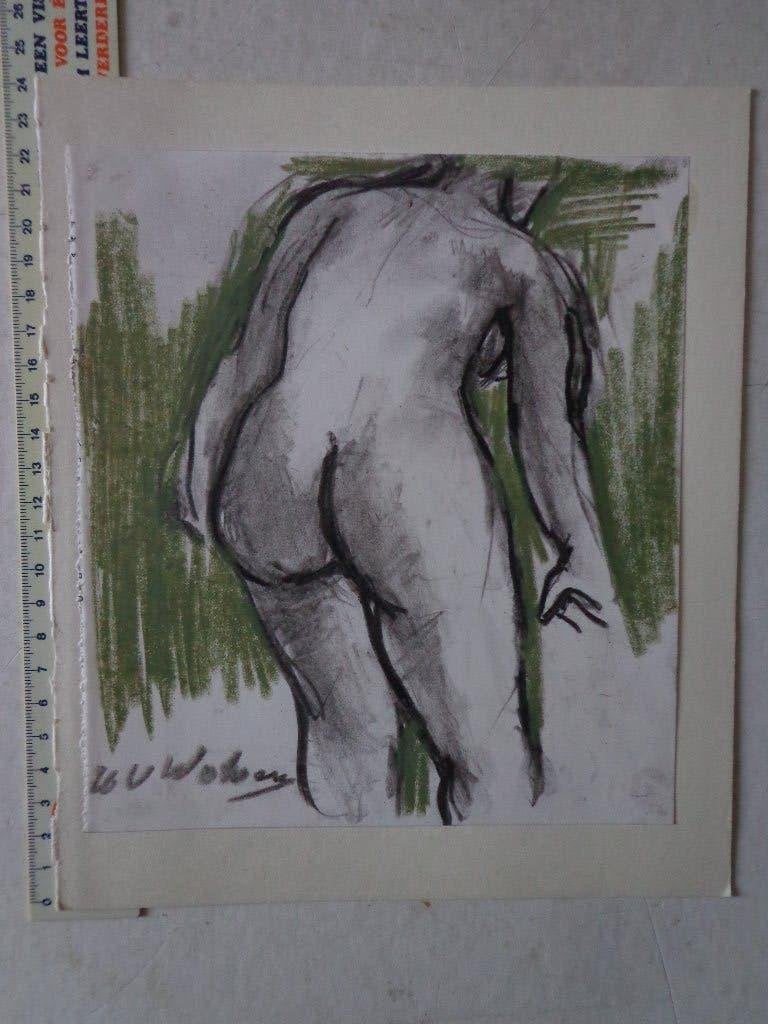 originele tekening H.V. Wolvens "Staand naakt ruggelings", Antiek en Kunst, Kunst | Tekeningen en Fotografie, Ophalen of Verzenden