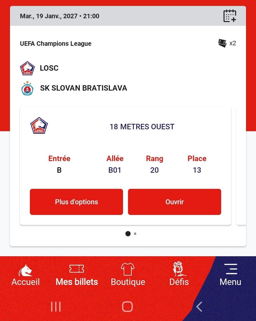 2 Billets Lille - Slovan Bratislava (UEFA Champions League), Tickets & Billets, Novembre
