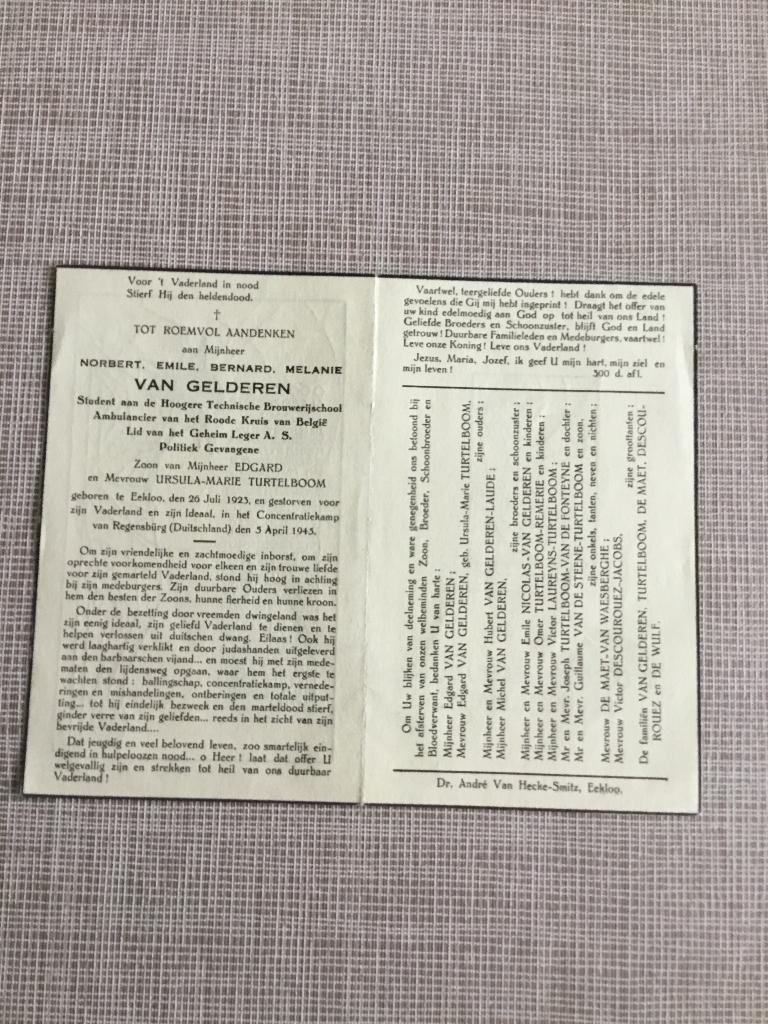 Oorlogsslachtoffer Van Gelderen Eeklo +concentratiekamp, Verzamelen, Verzenden, Bidprentje