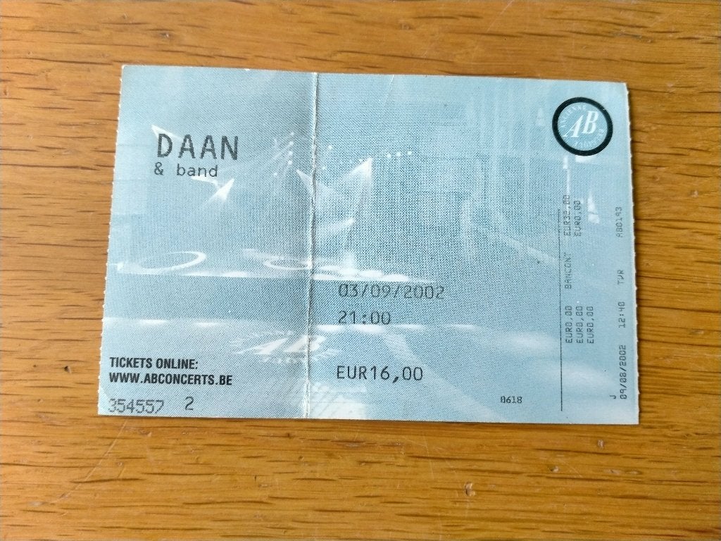 Ticket concert DAAN & Band@Ancienne Belgique - 03/09/2002, Verzamelen, Muziek, Artiesten en Beroemdheden, Gebruikt, Overige typen