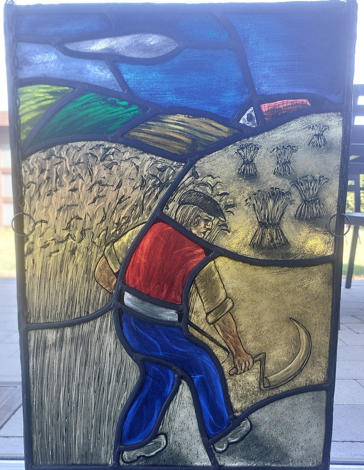Prachtig Authentiek Glas-in-Loodraam "De Oogst" – Gesigneerd, Antiek en Kunst, Ophalen of Verzenden