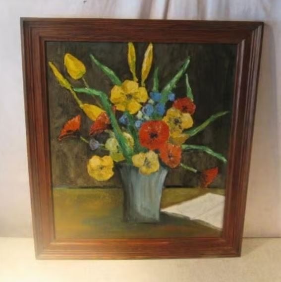 Mooi Oud Geschilderd Werk 'bloemen in Vaas' - 55x50, Antiek en Kunst, Bloemen, Paneel, Origineel werk, Ophalen of Verzenden