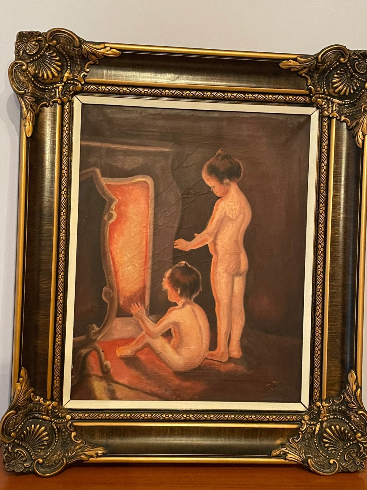 Schilderij kinderen bij haardvuur, Portrait ou Personnes, Peinture à l'huile, Enlèvement, Peint à la main