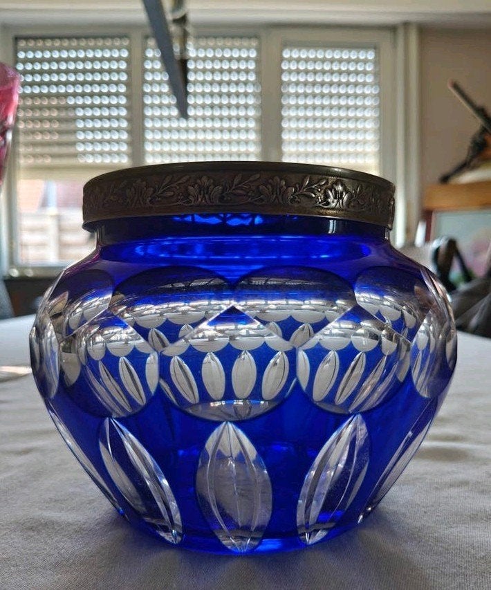 Antieke/ vintage kobaltblauwe kristallen vaas / pique-fleurs, Verzenden