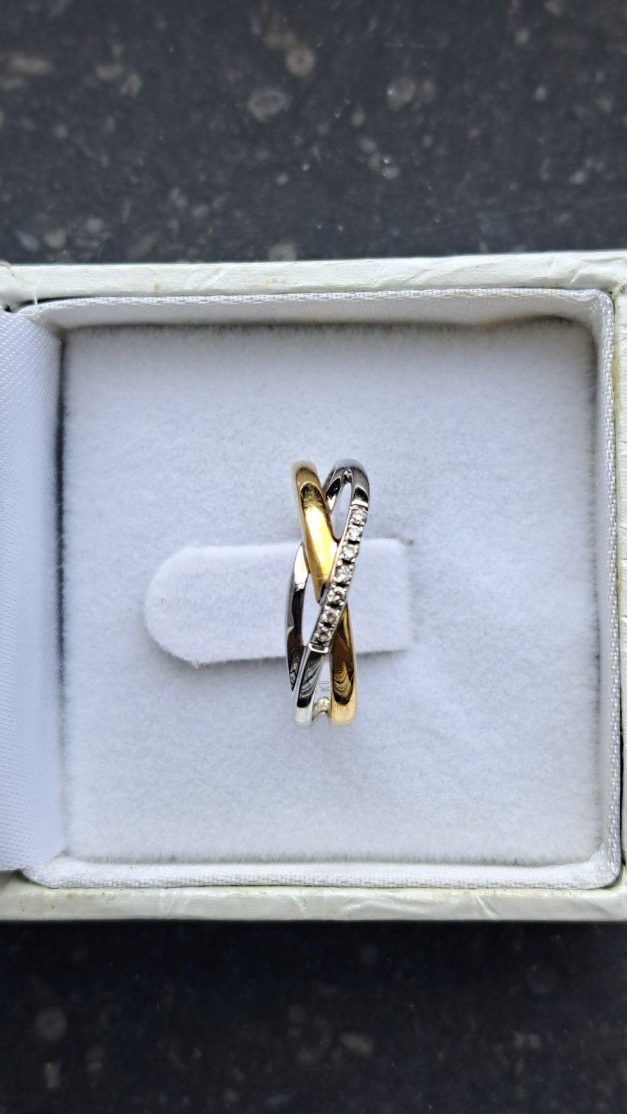 18 karaat bicolor gouden ring met diamantjes – maat 47,5, Ophalen, Gebruikt, 20 of groter, Geel