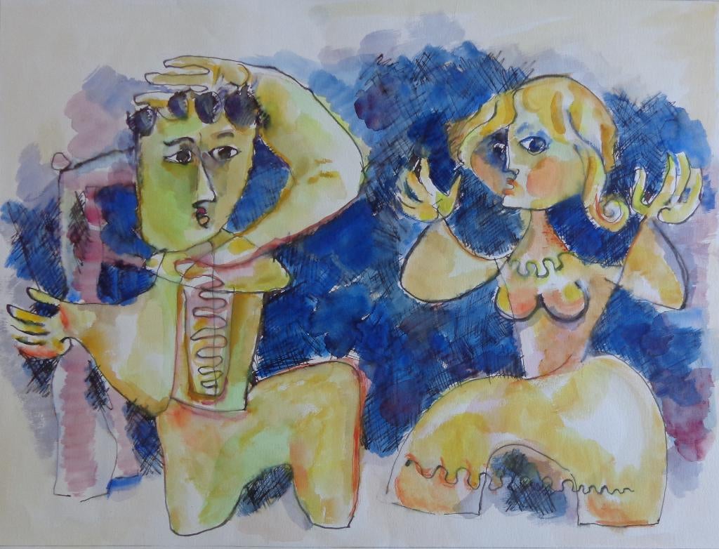 JOEL KASS / TWEE FIGUREN / ORIGINEEL WERK / 55x73cm, Antiquités & Art, Art | Peinture | Moderne, Enlèvement ou Envoi, Signé, Aquarelle