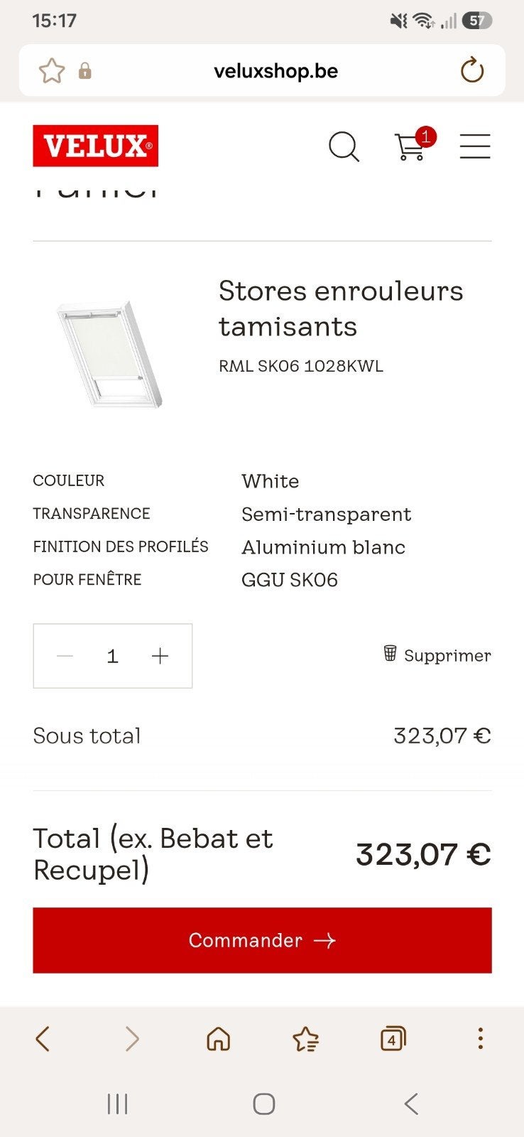 store velux tamisant blanc/gris clair electrique SK06, Enlèvement