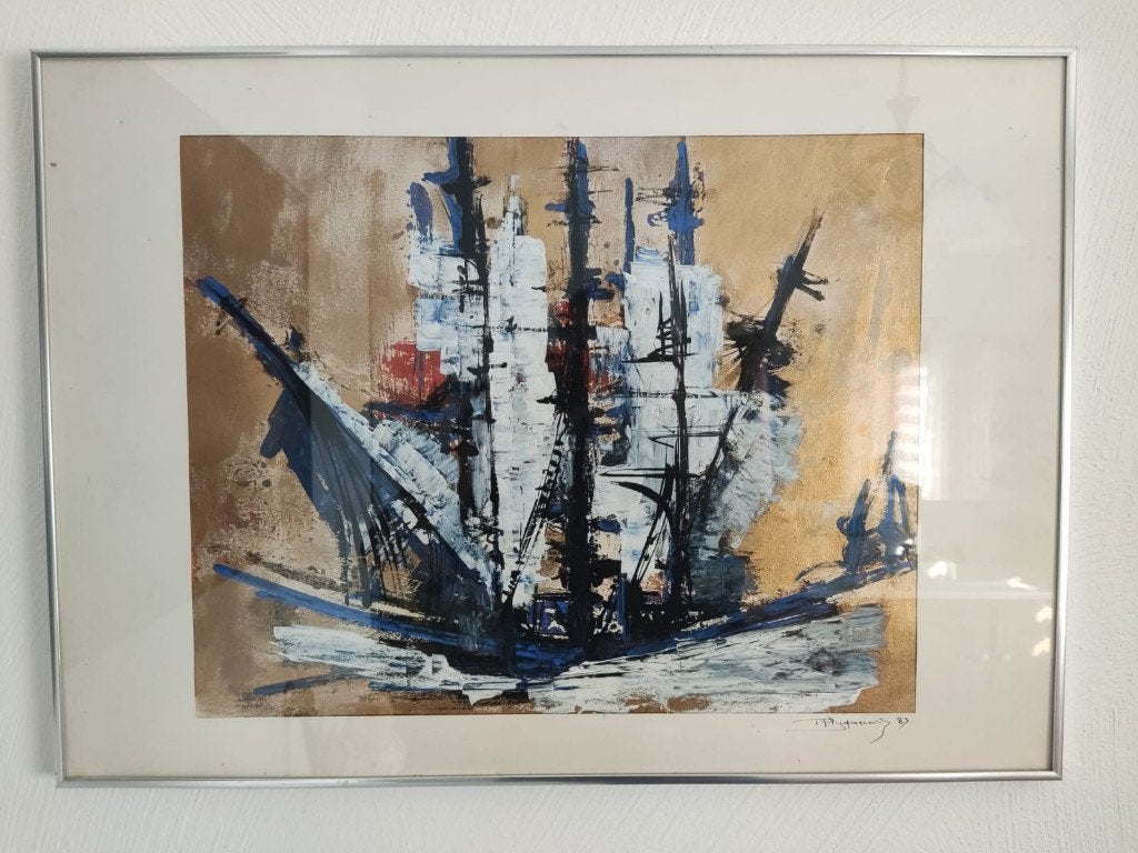 Peinture semi-abstraite de voilier., Antiquités & Art, Art | Peinture | Classique, Enlèvement, Abstrait, Sous verre, Maritime / eau