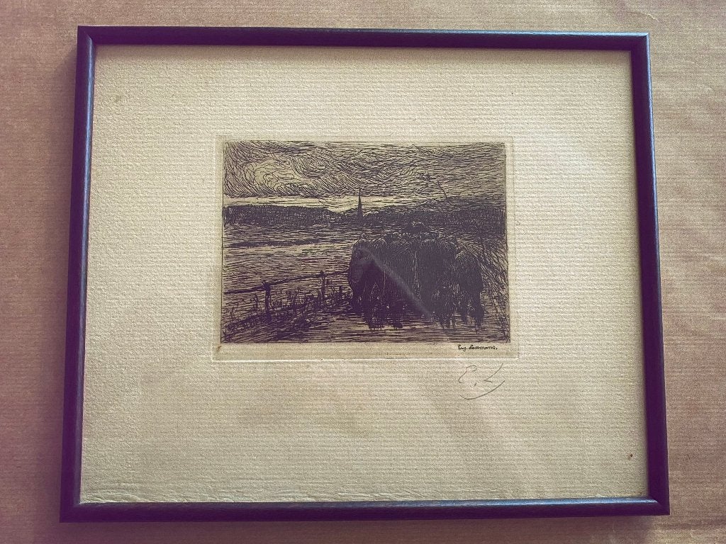 “L’ANGELUS” , ETS van EUGENE LAERMANS (1864-1940), Ets, Religie, Ophalen of Verzenden, Gesigneerd