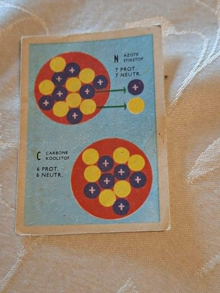 Prentje/Chromo : Protonen en neutronen/Chocolade Jacques, Collections, Enlèvement ou Envoi, Utilisé, Autres sujets/thèmes, Gravure