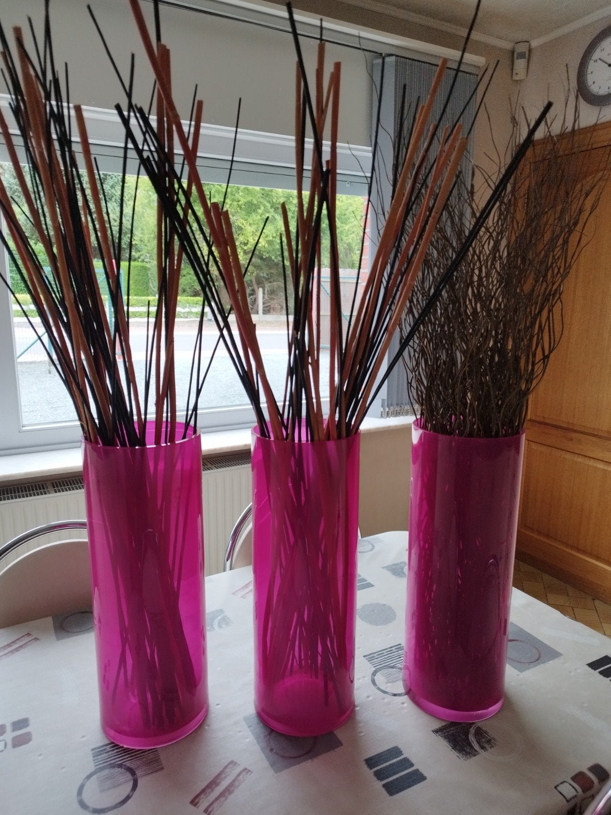 3 vazen met takken, Rose, 45 cm, Comme neuf, Verre