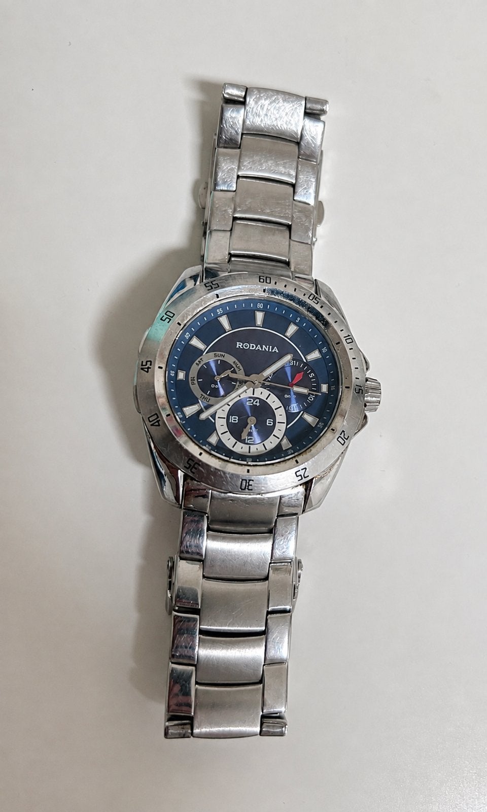 Rodania Herenhorloge (Model 24660) – Blauwe Wijzerplaat, Handtassen en Accessoires, Staal, Staal, Polshorloge, Zo goed als nieuw